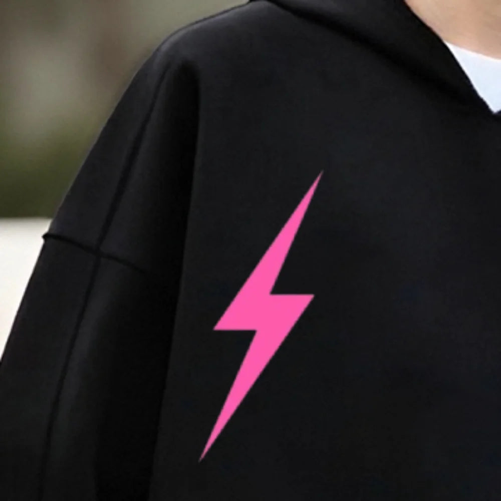 Pink Lightning Hoodie Sweatshirt Print Casual Loose Long Sleeved Cool Streetwear Stylish Comfortable Tops Cloth