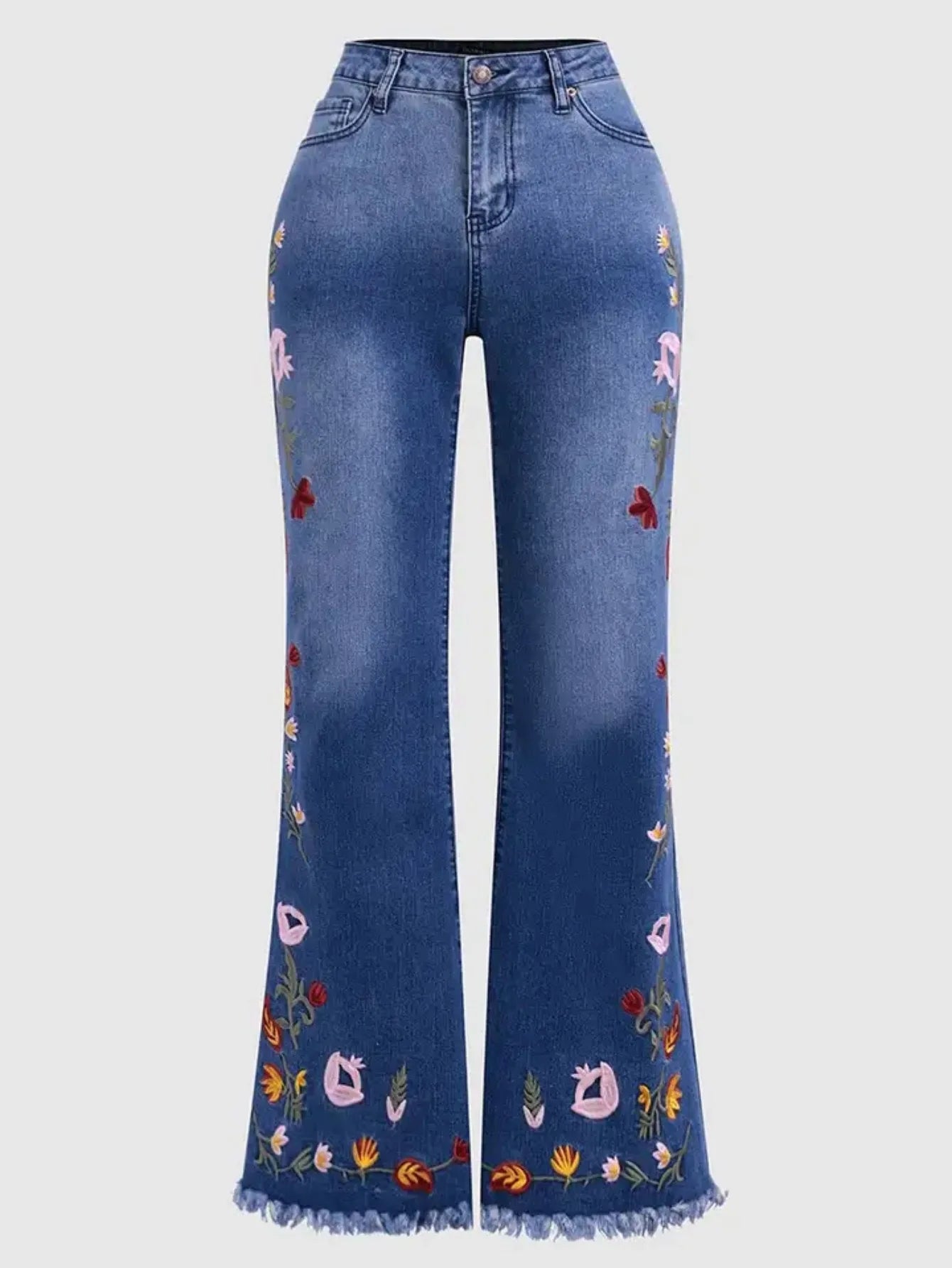 Women's High-Waisted Stretch Floral-Print Slim Fit Denim Flare Pants, with Raw-Edge Hem and Vintage Washed Denim