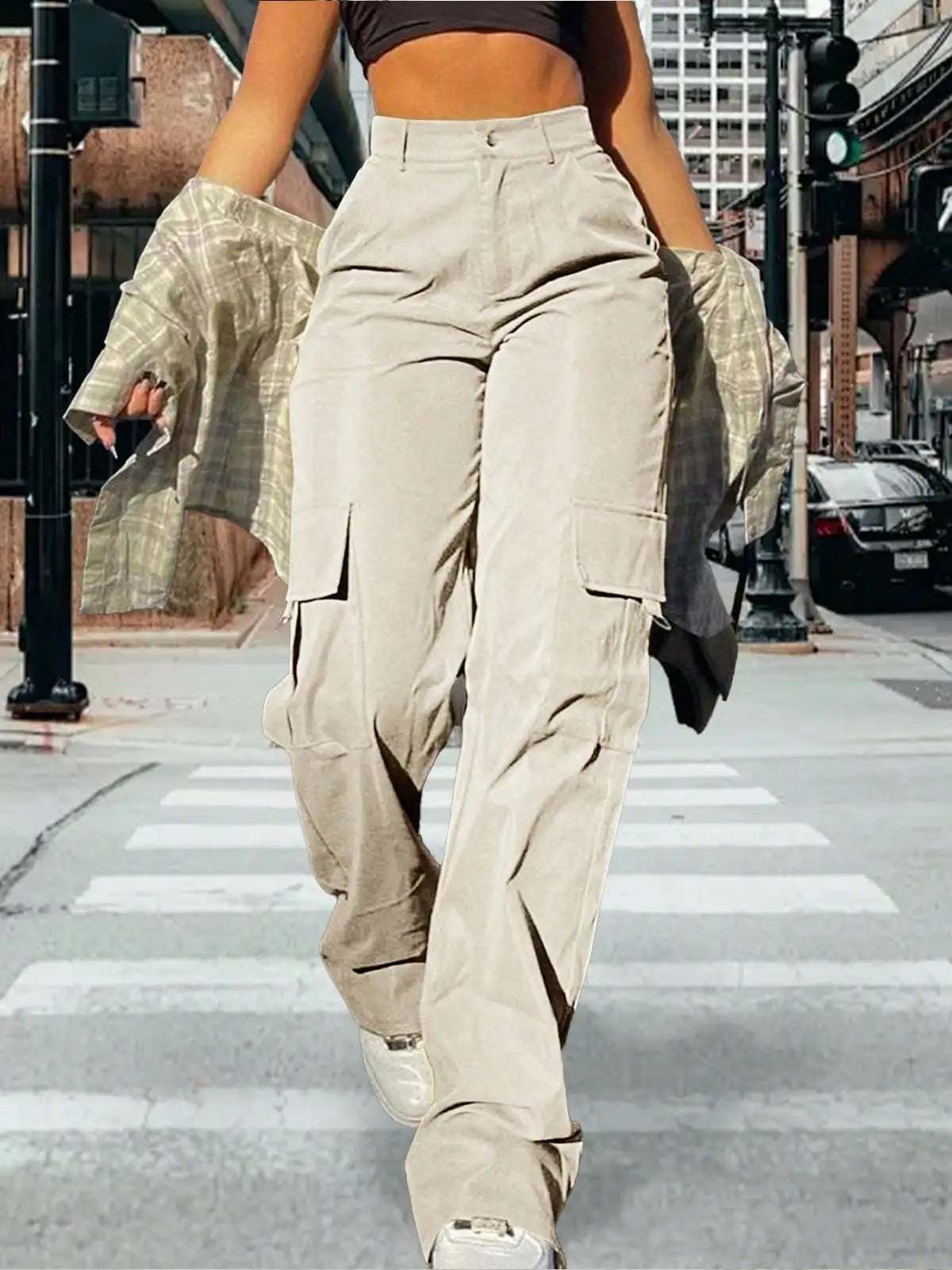 2025 Newest Women's High-Waisted Cargo Pants Loose Stretch Straight Wide Leg Pants with Pocket Casual Work Pants
