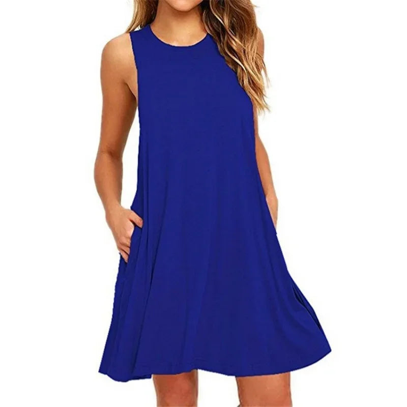 Women's Dress Summer Casual T Shirt Dresses Beach Cover Pleated Tank Pockets Dress