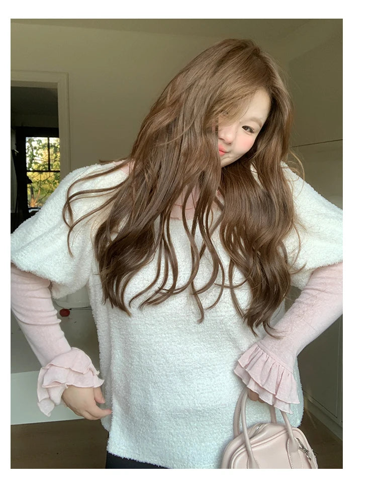 L-4XL Large Size Solid Color Long Sleeve Women Autumn Winter Sweet Double Layer Ruffles Age Reducing Crew Neck Knitted Sweater