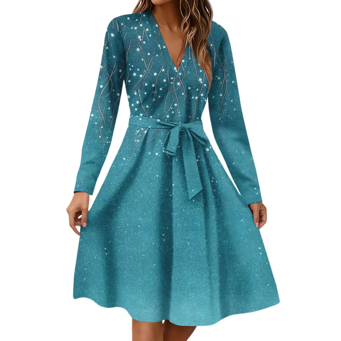 Women'S Fashion Casual V-Neck Long Sleeve Waist Floral Print Midi Dress