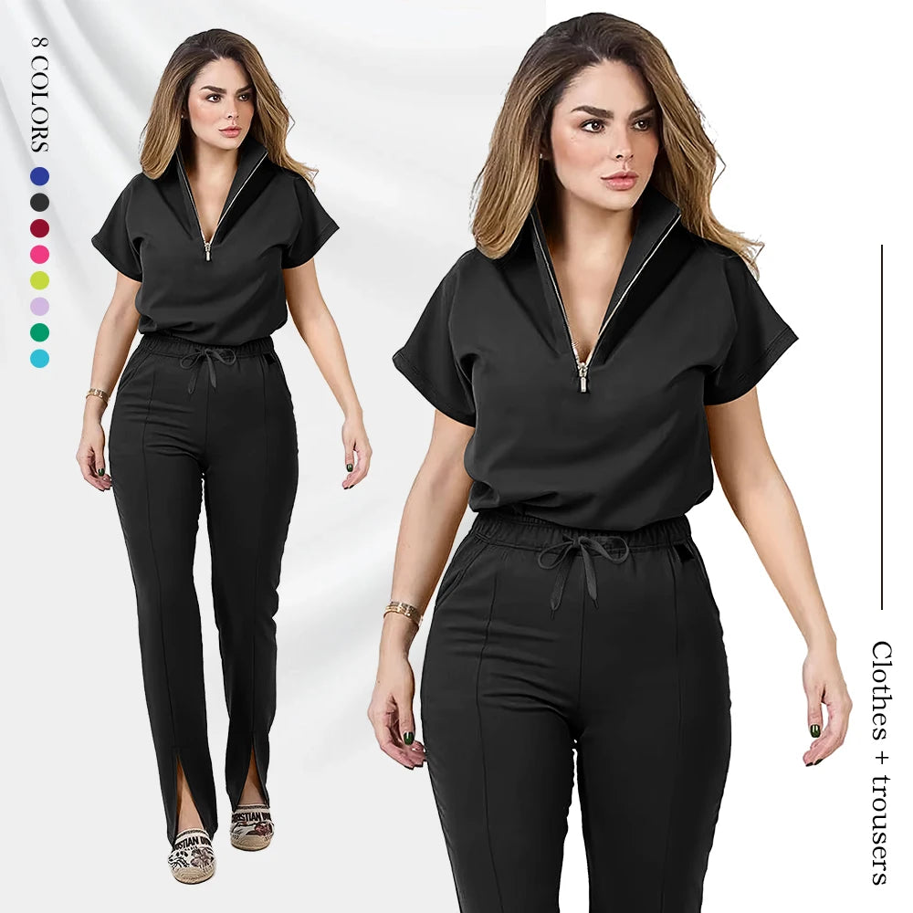 Wholesale Medical Apparel Scrub Set Uniform Women Summer Zipper Scrub Top Pants Hospital Clothing Surgical Uniforms with Pocket