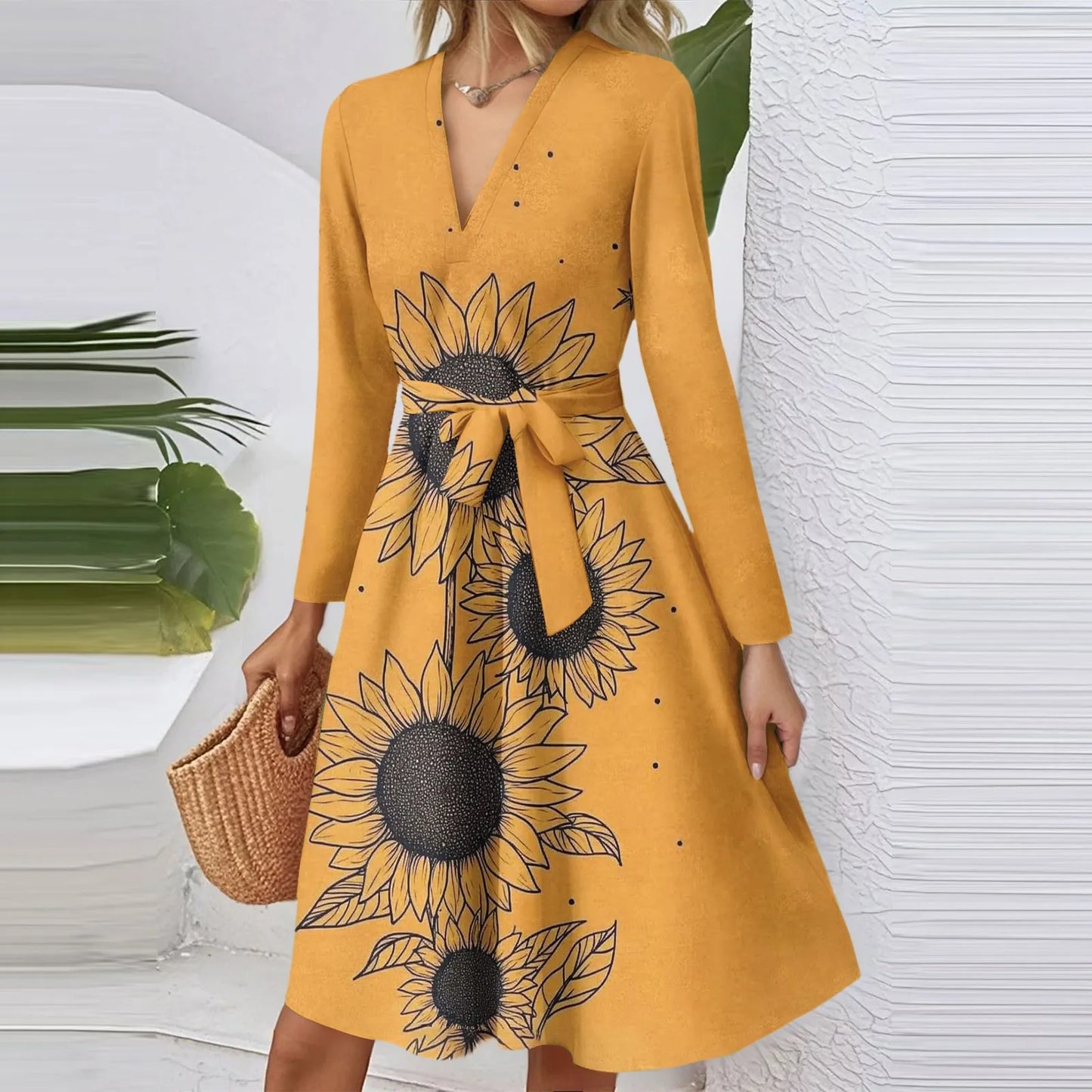Women'S Fashion Casual V-Neck Long Sleeve Waist Floral Print Midi Dress