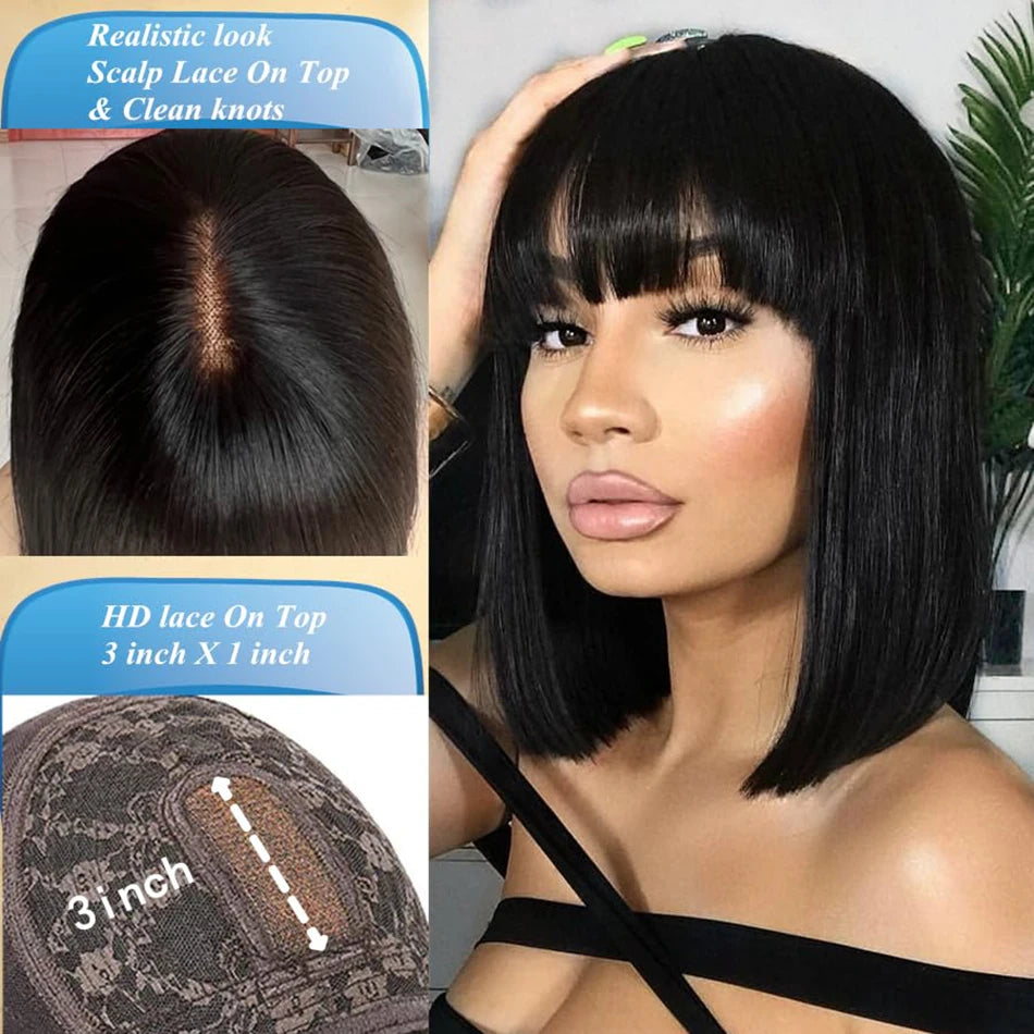 Middle Part Lace Wig Bob Wigs Full Machine Made Bone Straight Human Hair Wigs With Bangs Short Bob