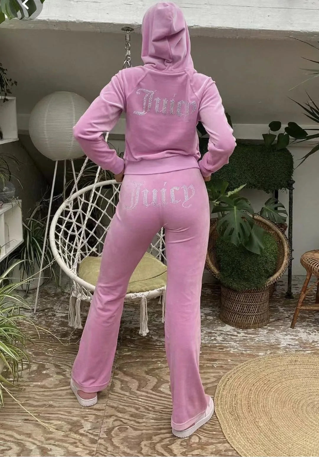 2pcWomen's hoodie, pants, and diamond studded two-piece set