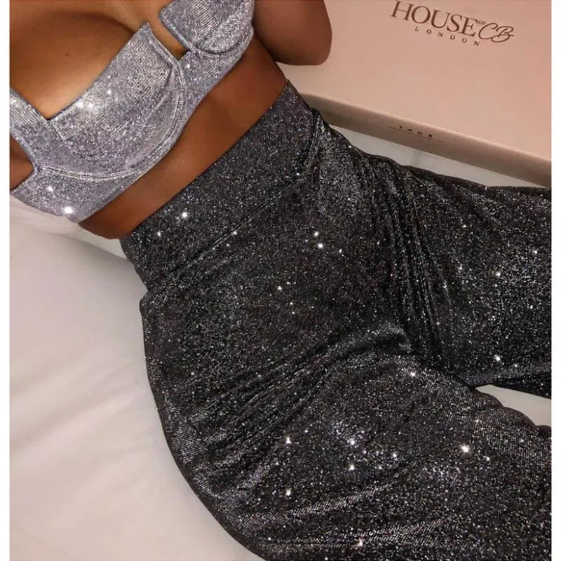 Sexy Women High Waist Slim Long Pants Solid Flash Diamond Flare Wide Leg Trousers Female Elegant Fashion Casual Pants