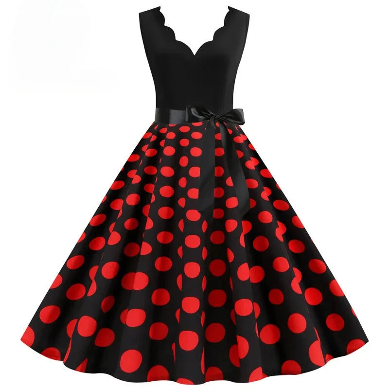 Women Retro Summer Dresses 50s 60s Sleeveless V-neck Polka Dot Bow Ball Grown Party Sundress Robe Vestidos