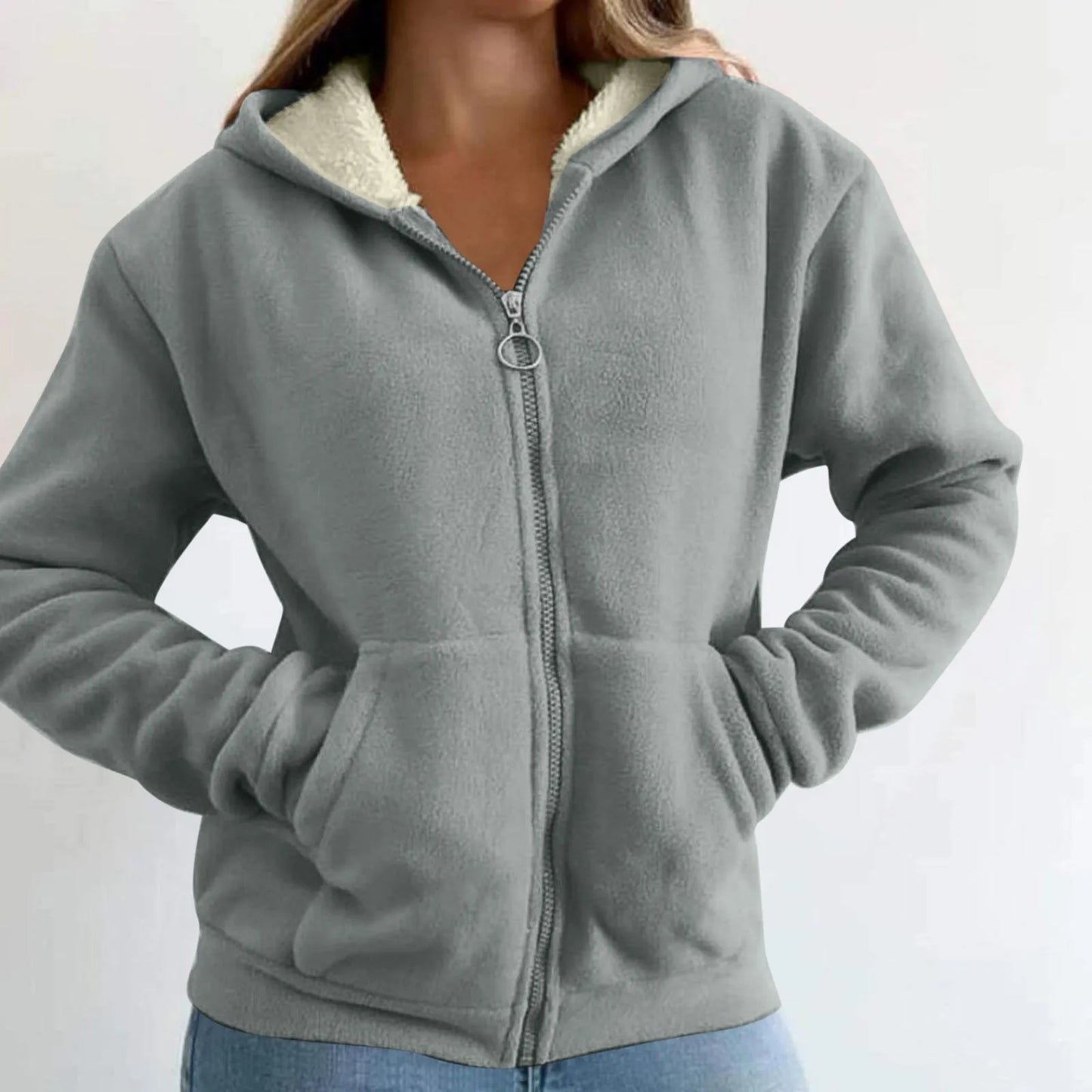 Trendy Sweatshirt Coat Front Pockets Warm Zipper Lamb Wool Jacket Woman Winter Solid Color Plush Lined Cardigan Hoodie