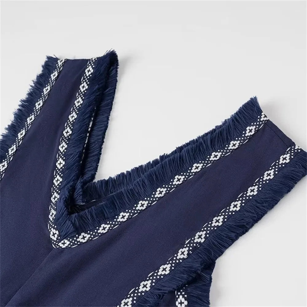 2025 Summer New Product: Casual Women's Fashion V-neck Sleeveless Waist Collection with Tassel Decoration Dress