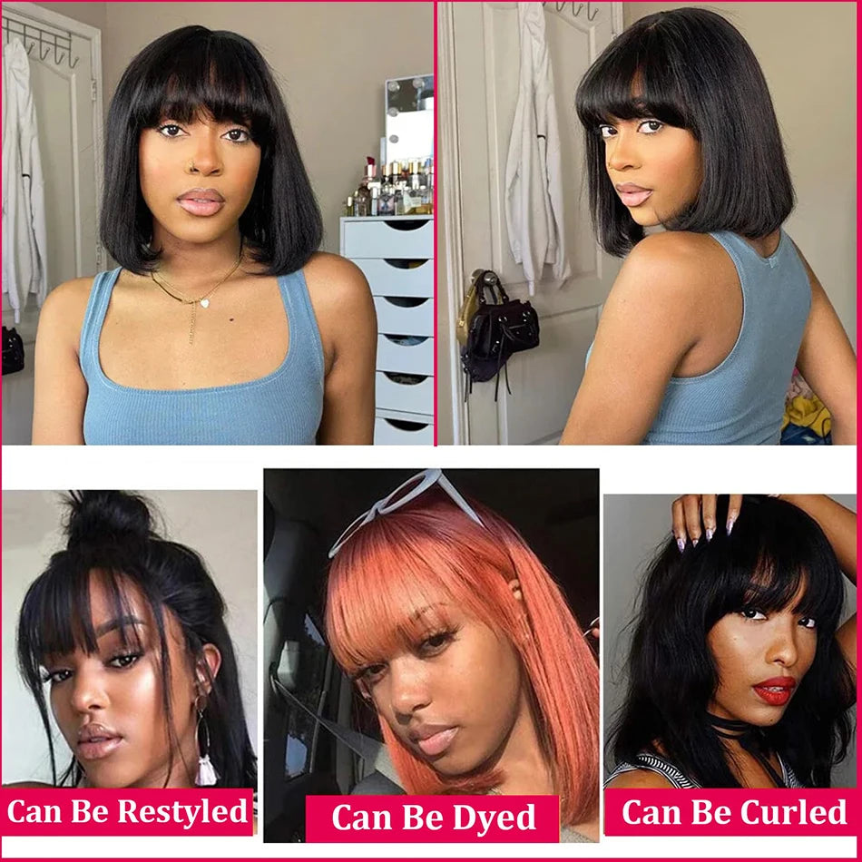 Middle Part Lace Wig Bob Wigs Full Machine Made Bone Straight Human Hair Wigs With Bangs Short Bob