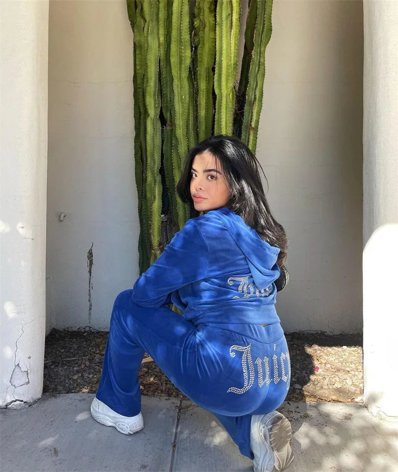 2pcWomen's hoodie, pants, and diamond studded two-piece set