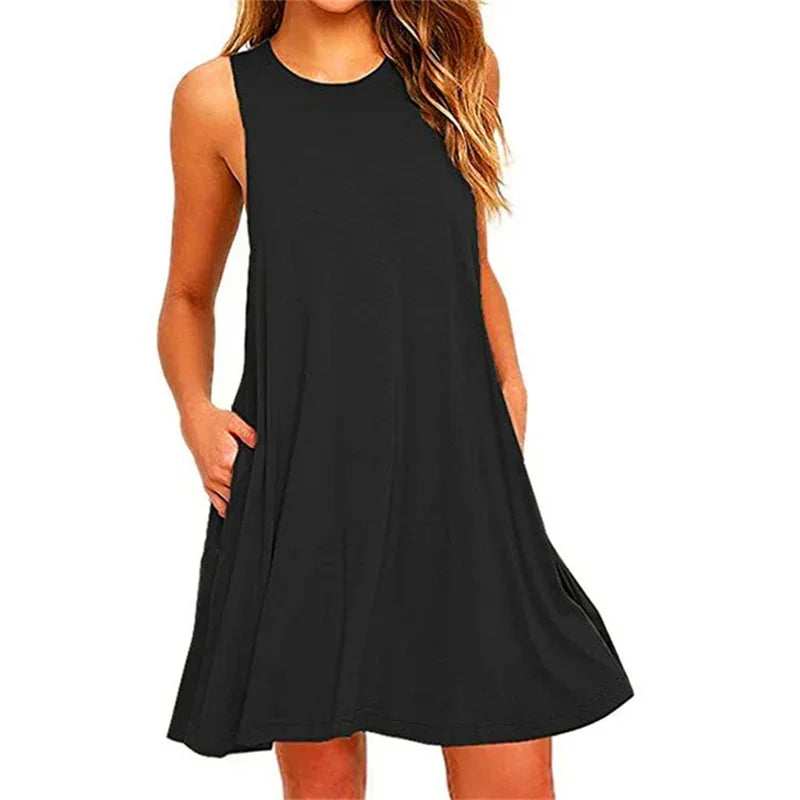 Women's Dress Summer Casual T Shirt Dresses Beach Cover Pleated Tank Pockets Dress