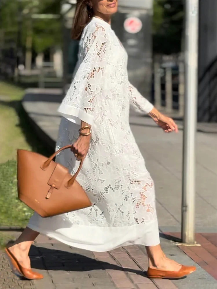 White Embroidery Lace Dress Women Spring Sexy V Neck Party Dress Loose Long Dress