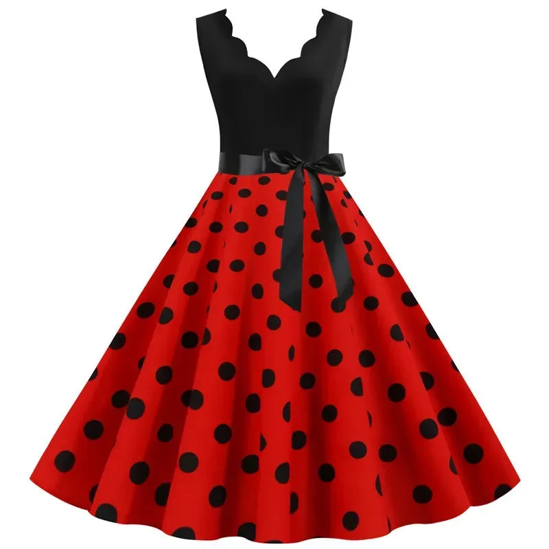 Women Retro Summer Dresses 50s 60s Sleeveless V-neck Polka Dot Bow Ball Grown Party Sundress Robe Vestidos
