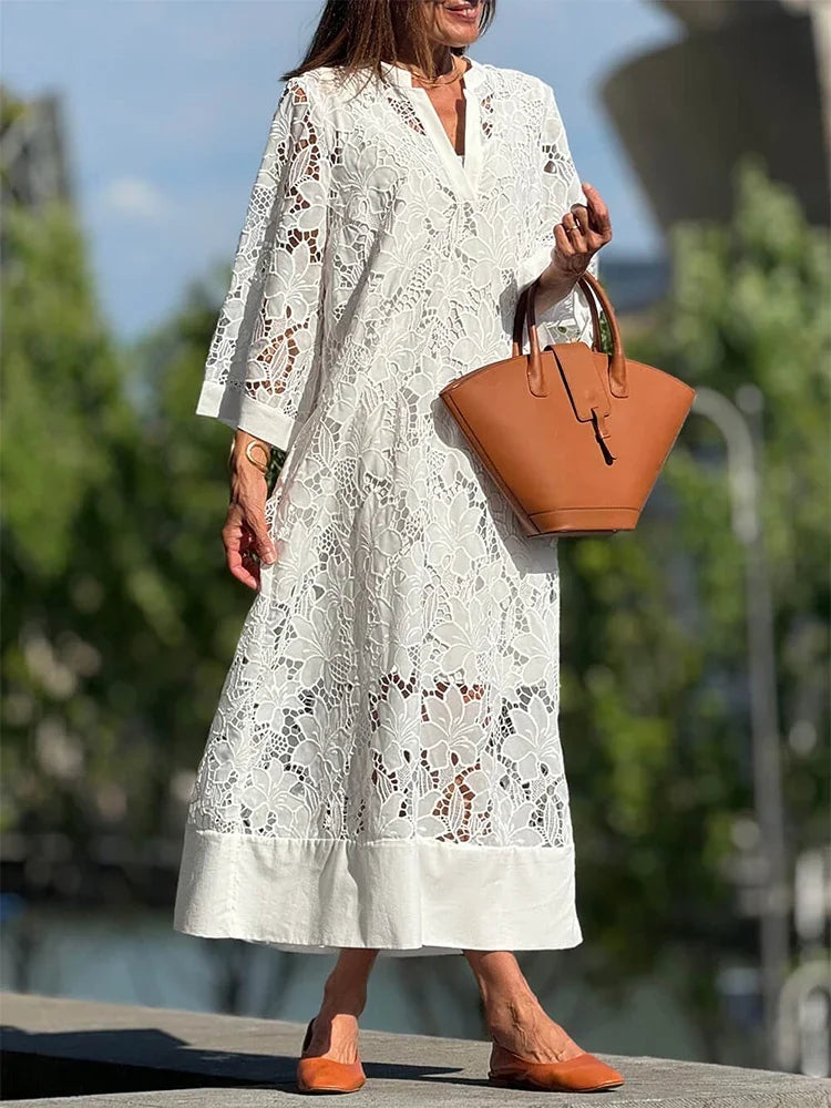 White Embroidery Lace Dress Women Spring Sexy V Neck Party Dress Loose Long Dress