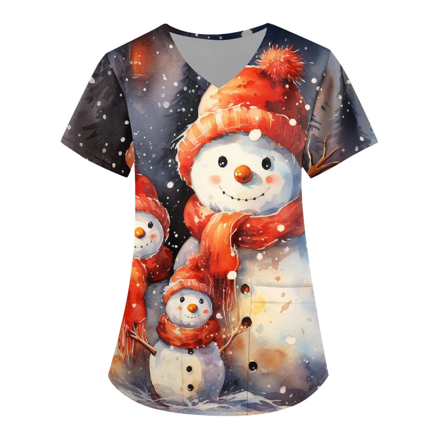 Women Scrub Nurse Uniform Casual Short Sleeve V Neck Christmas Printed Workers T-Shirt Tops Pockets Clinic Pharmacy Workwear