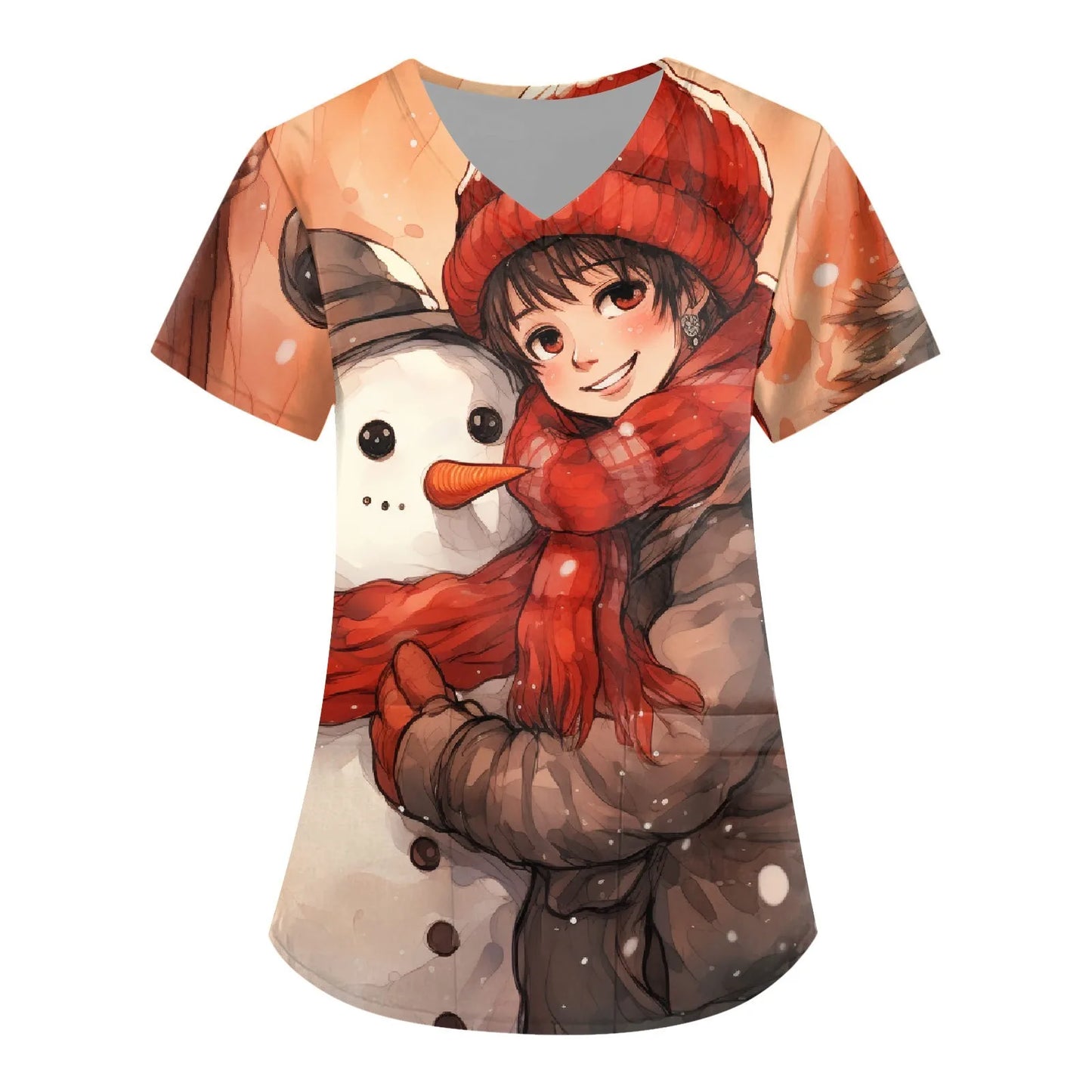 Women Scrub Nurse Uniform Casual Short Sleeve V Neck Christmas Printed Workers T-Shirt Tops Pockets Clinic Pharmacy Workwear