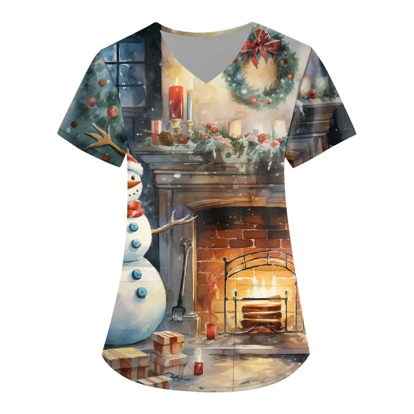 Women Scrub Nurse Uniform Casual Short Sleeve V Neck Christmas Printed Workers T-Shirt Tops Pockets Clinic Pharmacy Workwear