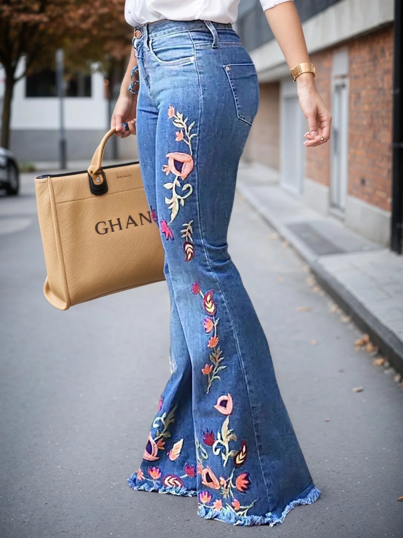 Women's High-Waisted Stretch Floral-Print Slim Fit Denim Flare Pants, with Raw-Edge Hem and Vintage Washed Denim