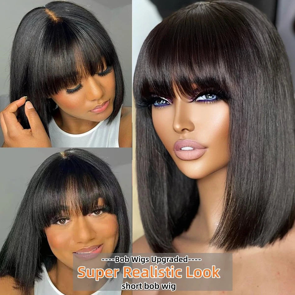 Middle Part Lace Wig Bob Wigs Full Machine Made Bone Straight Human Hair Wigs With Bangs Short Bob