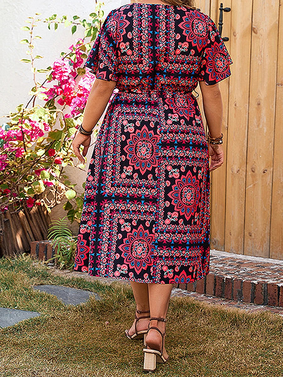 Womens Floral Print V Neck Short Sleeve Midi Dress with Slit
