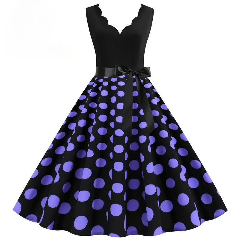 Women Retro Summer Dresses 50s 60s Sleeveless V-neck Polka Dot Bow Ball Grown Party Sundress Robe Vestidos