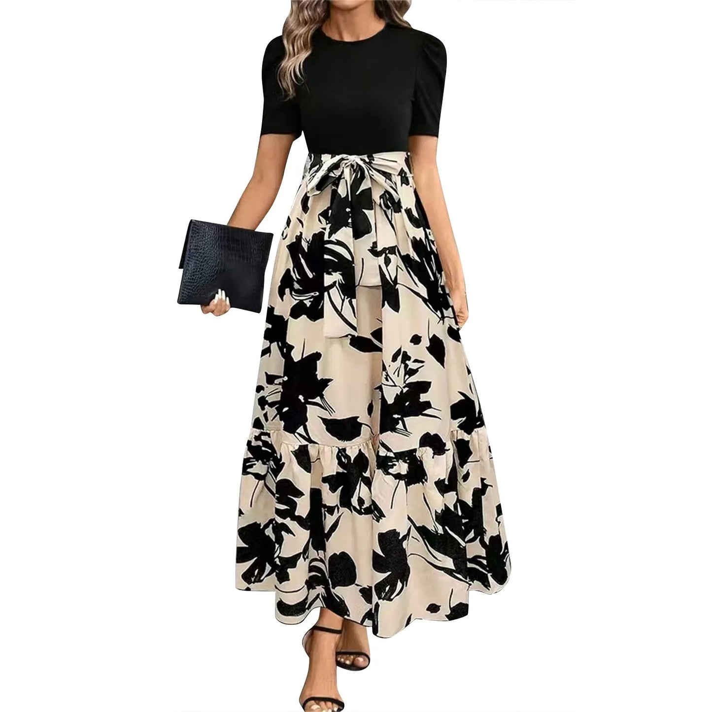 Dresses Elegant Office Lady Outfits A-Line Lace-Up Slim Fit Waist Ruffle Hem Skirt Women Dress Summer