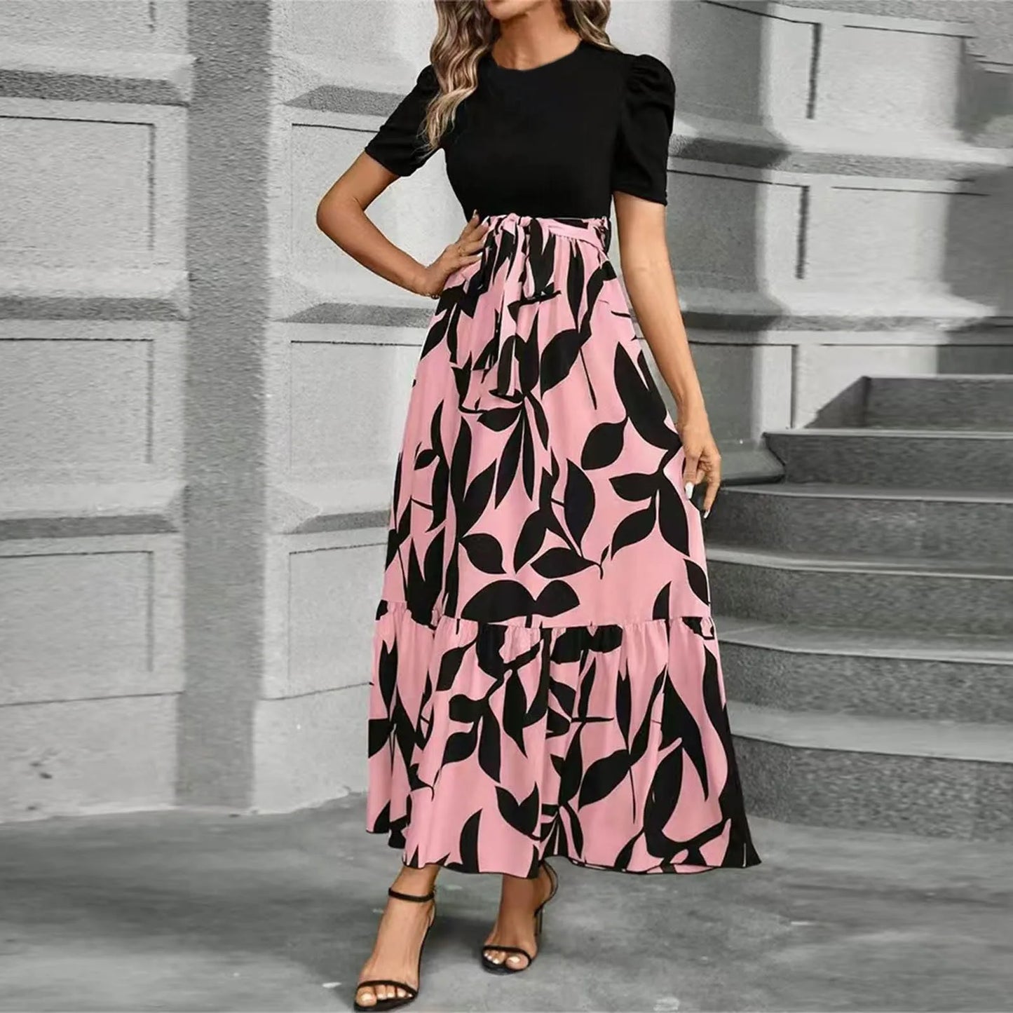 Dresses Elegant Office Lady Outfits A-Line Lace-Up Slim Fit Waist Ruffle Hem Skirt Women Dress Summer