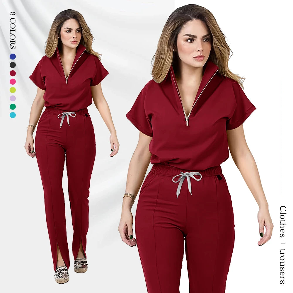 Wholesale Medical Apparel Scrub Set Uniform Women Summer Zipper Scrub Top Pants Hospital Clothing Surgical Uniforms with Pocket