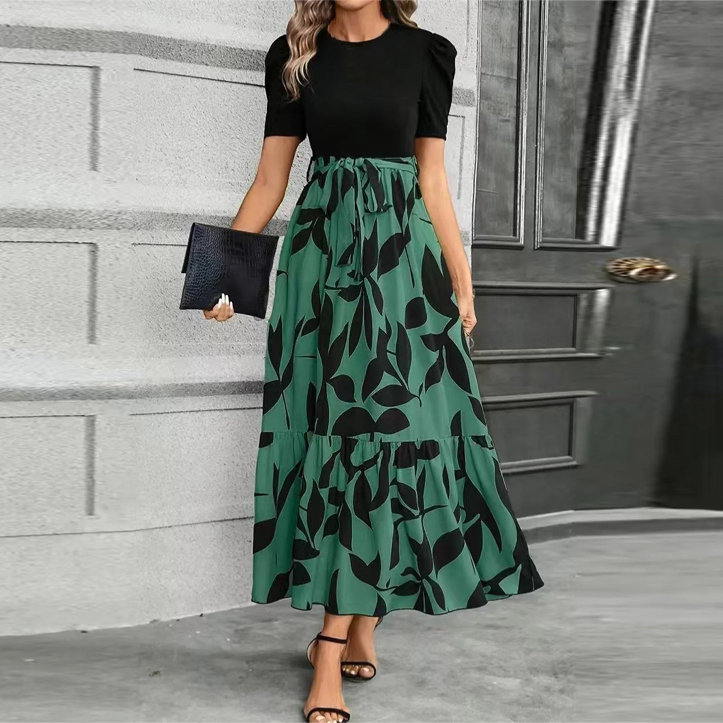 Dresses Elegant Office Lady Outfits A-Line Lace-Up Slim Fit Waist Ruffle Hem Skirt Women Dress Summer