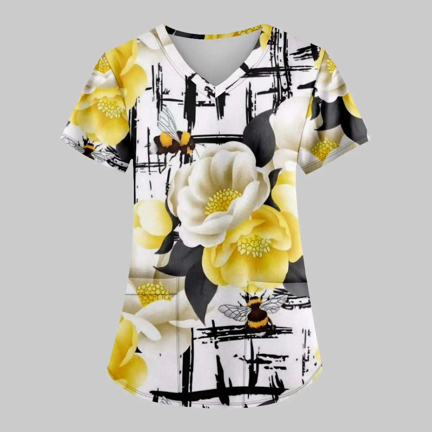 2025 New Women'S Fashion Printed Nurse Uniform With Pocket T-Shirt Short-Sleeved Top Soft Breathable Nursing Work Clothes
