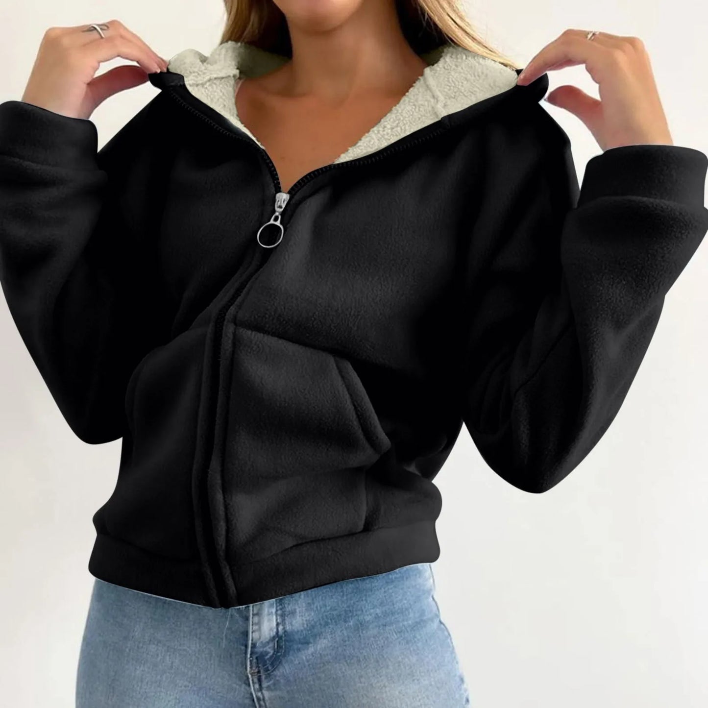 Trendy Sweatshirt Coat Front Pockets Warm Zipper Lamb Wool Jacket Woman Winter Solid Color Plush Lined Cardigan Hoodie