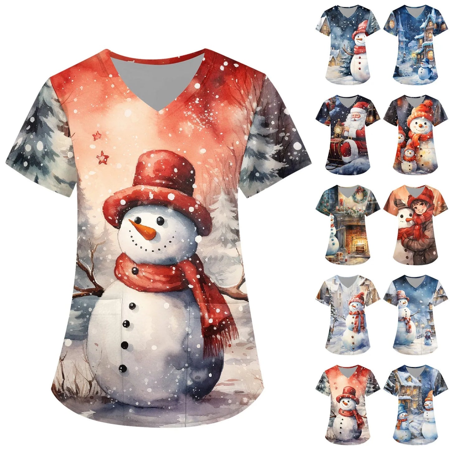 Women Scrub Nurse Uniform Casual Short Sleeve V Neck Christmas Printed Workers T-Shirt Tops Pockets Clinic Pharmacy Workwear