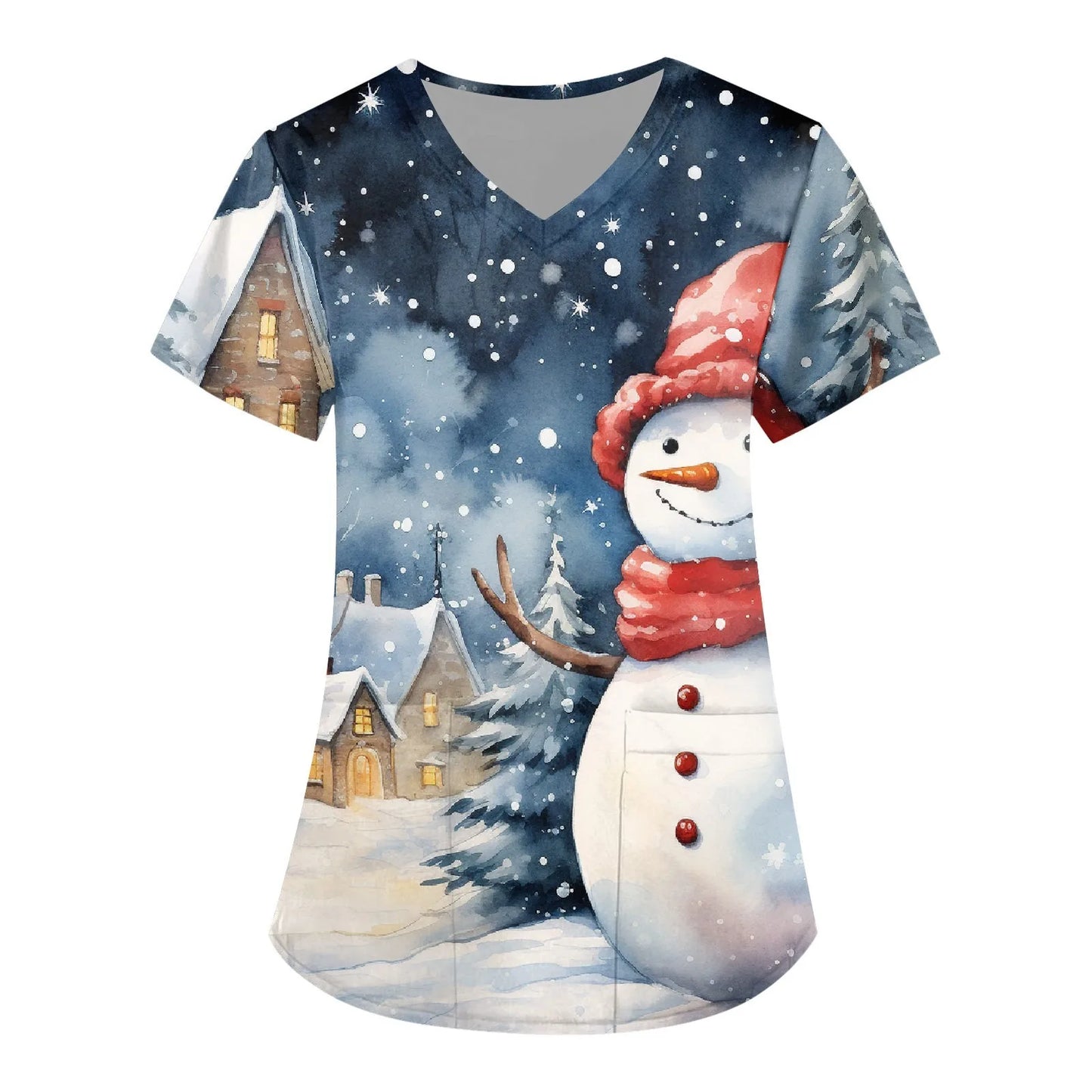 Women Scrub Nurse Uniform Casual Short Sleeve V Neck Christmas Printed Workers T-Shirt Tops Pockets Clinic Pharmacy Workwear