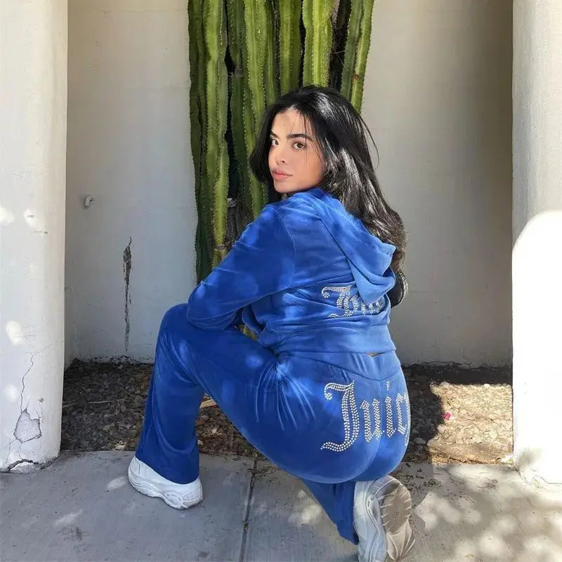 2pcWomen's hoodie, pants, and diamond studded two-piece set