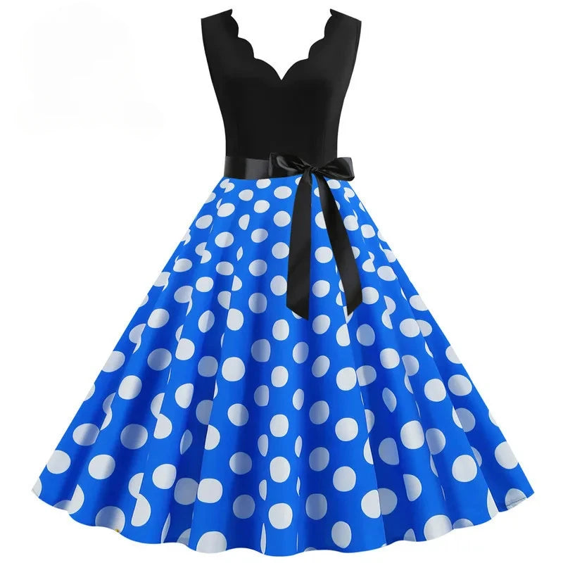 Women Retro Summer Dresses 50s 60s Sleeveless V-neck Polka Dot Bow Ball Grown Party Sundress Robe Vestidos