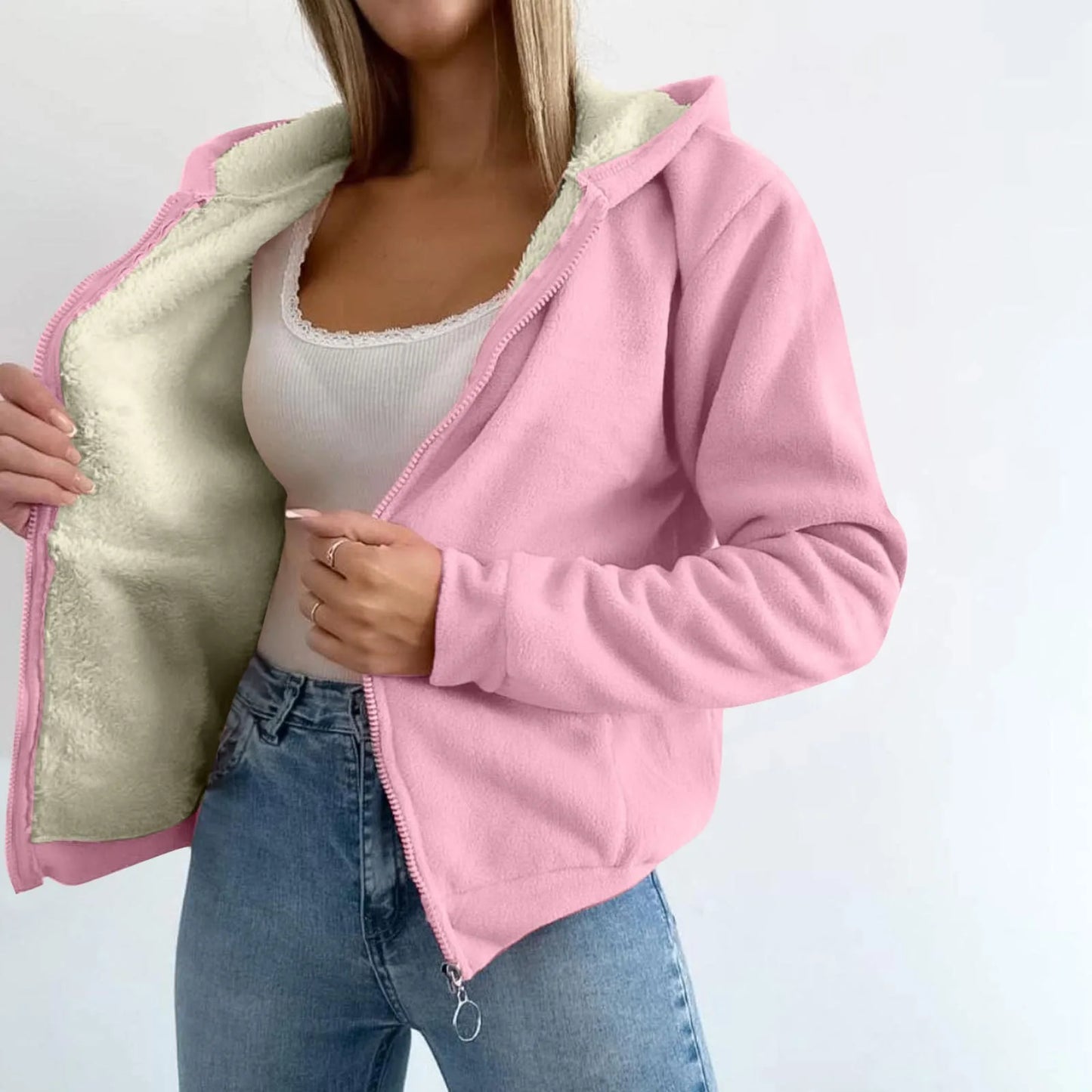 Trendy Sweatshirt Coat Front Pockets Warm Zipper Lamb Wool Jacket Woman Winter Solid Color Plush Lined Cardigan Hoodie