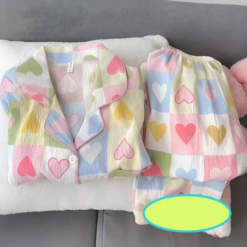 Colourful Love Plaid Print Women's Pajamas Sweet Cute Sleepwear Women's New Spring Kawaii 2 Piece Pajamas Set