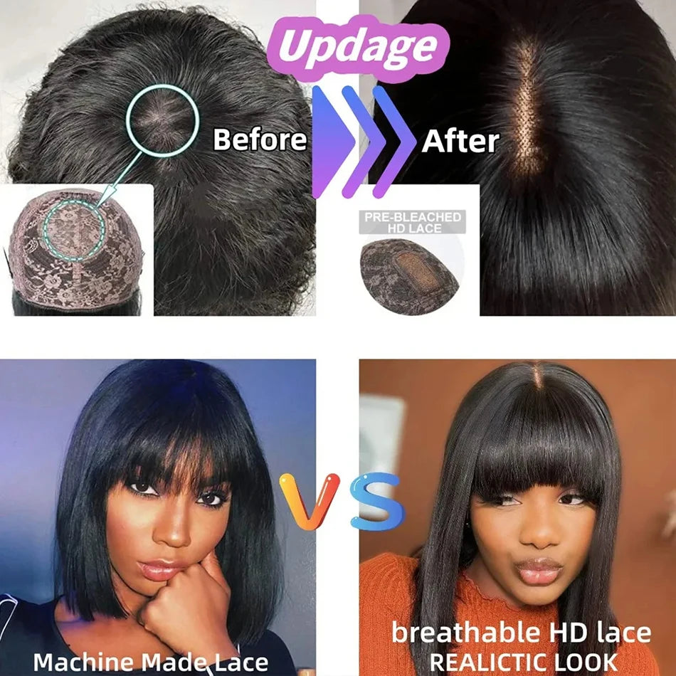 Middle Part Lace Wig Bob Wigs Full Machine Made Bone Straight Human Hair Wigs With Bangs Short Bob