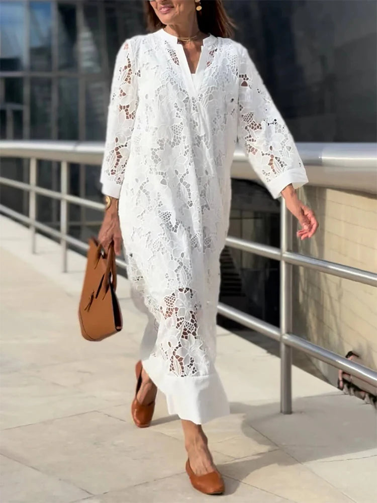 White Embroidery Lace Dress Women Spring Sexy V Neck Party Dress Loose Long Dress