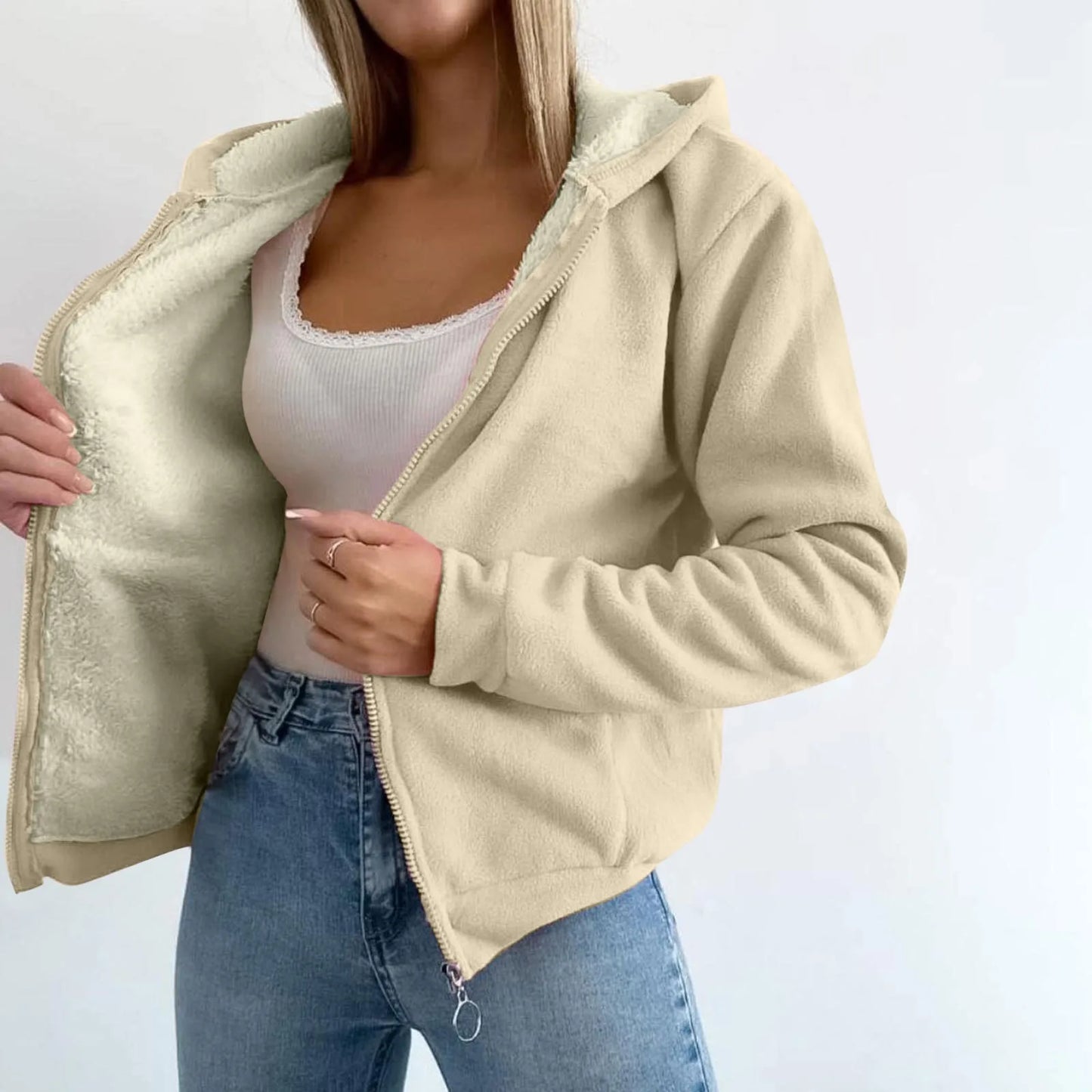 Trendy Sweatshirt Coat Front Pockets Warm Zipper Lamb Wool Jacket Woman Winter Solid Color Plush Lined Cardigan Hoodie
