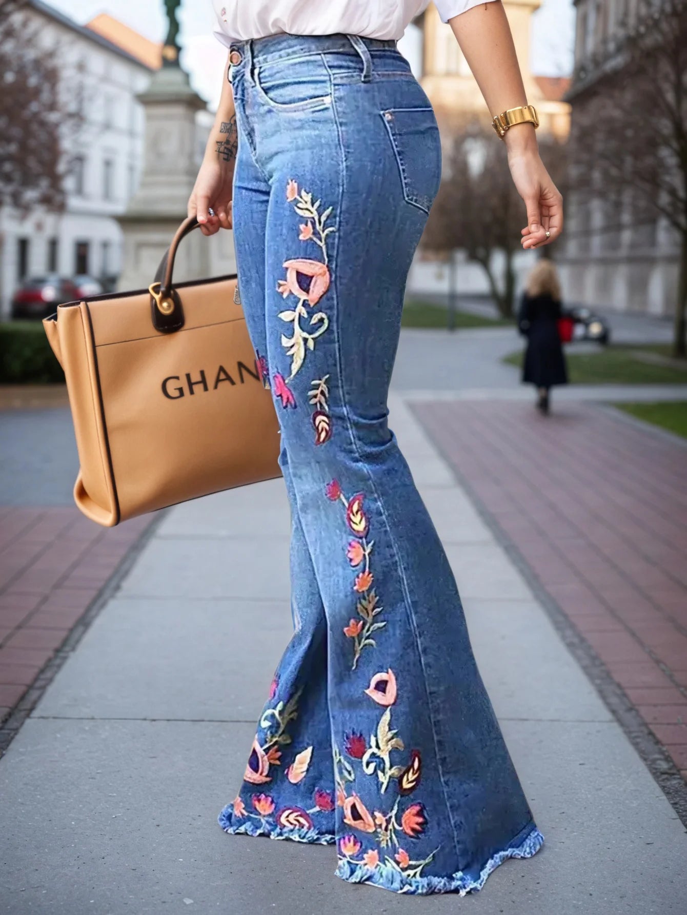 Women's High-Waisted Stretch Floral-Print Slim Fit Denim Flare Pants, with Raw-Edge Hem and Vintage Washed Denim