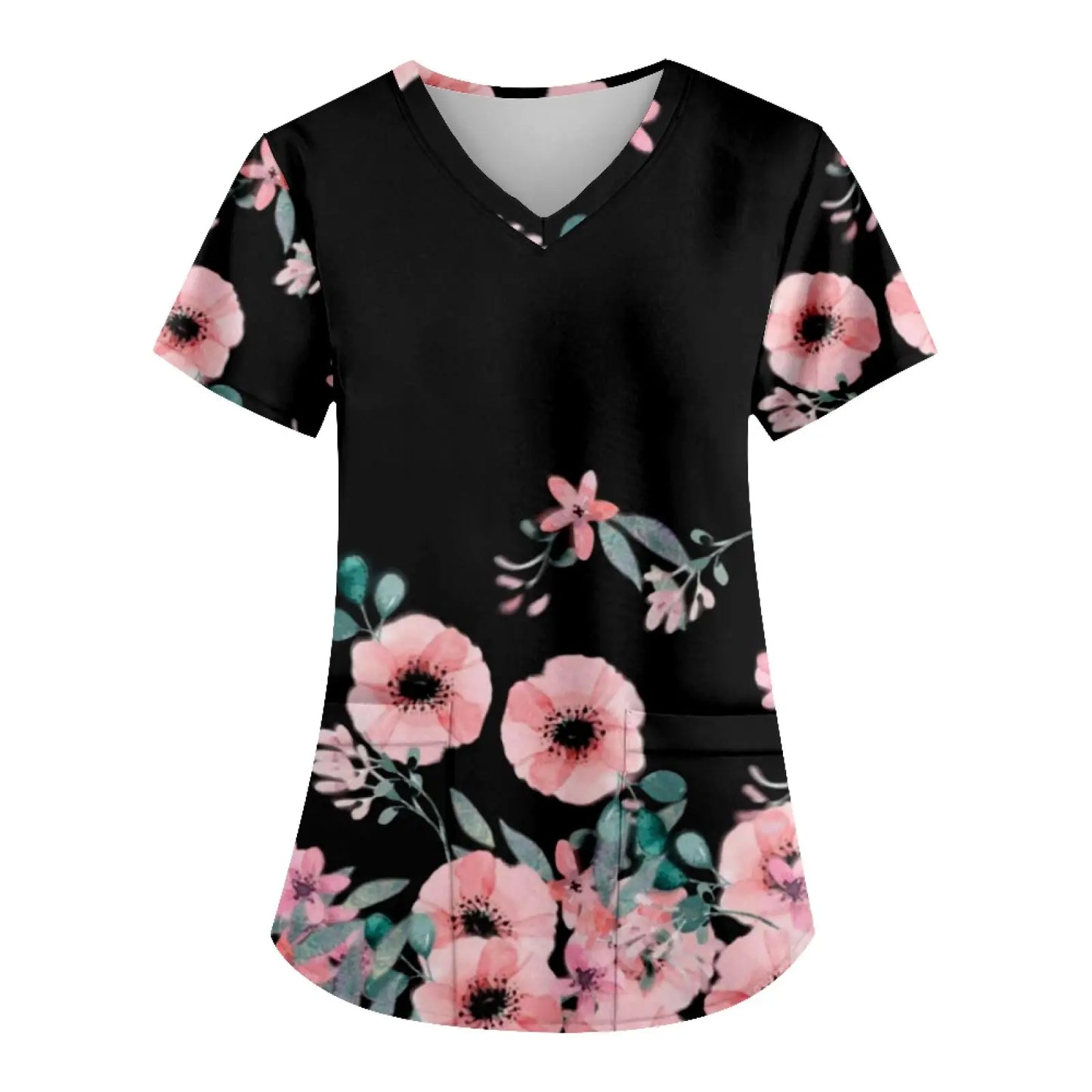 2025 New Women'S Fashion Printed Nurse Uniform With Pocket T-Shirt Short-Sleeved Top Soft Breathable Nursing Work Clothes