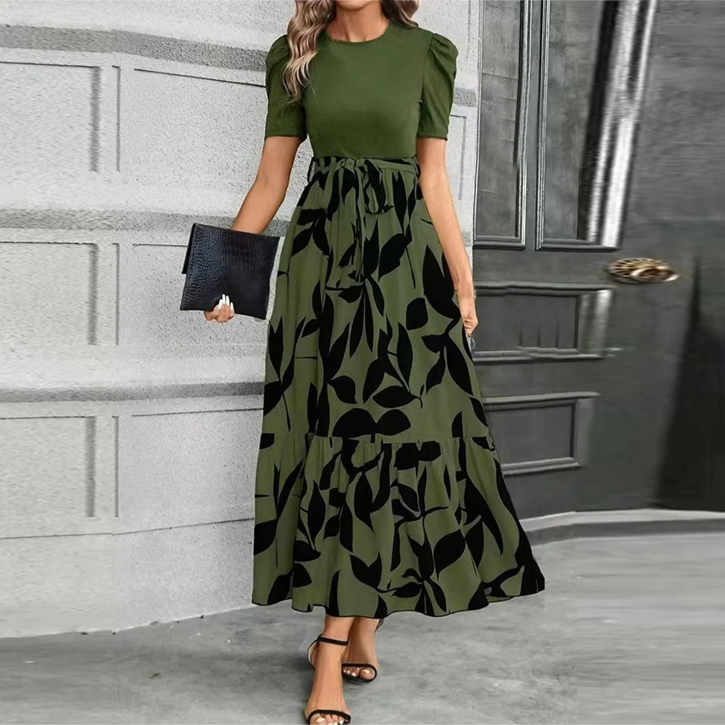 Dresses Elegant Office Lady Outfits A-Line Lace-Up Slim Fit Waist Ruffle Hem Skirt Women Dress Summer
