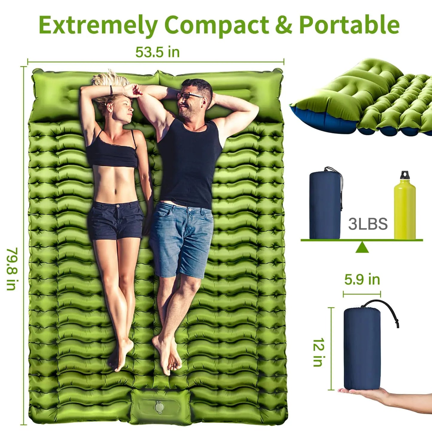 Double Sleeping Pad 4" Thick for 2 Person with Pillow Built-in Foot Pump Inflatable Mattress for Backpacking Hiking