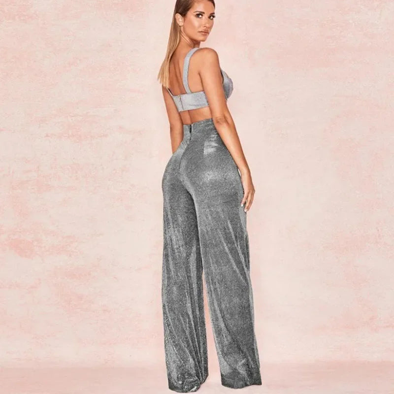 Sexy Women High Waist Slim Long Pants Solid Flash Diamond Flare Wide Leg Trousers Female Elegant Fashion Casual Pants