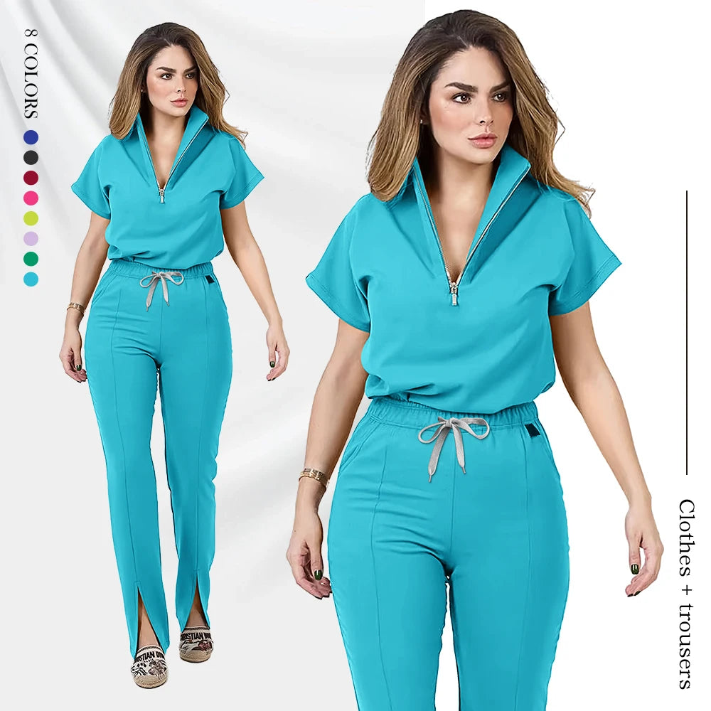 Wholesale Medical Apparel Scrub Set Uniform Women Summer Zipper Scrub Top Pants Hospital Clothing Surgical Uniforms with Pocket