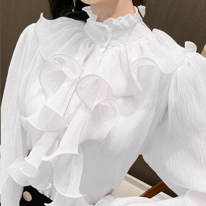 Autumn Vintage Ruffles Clothes Lace Blouse Women Spring Stand Collar White Chiffon Shirt Long Puff Sleeve Loose Tops Elegant