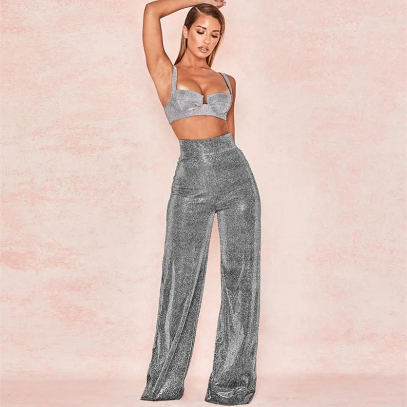 Sexy Women High Waist Slim Long Pants Solid Flash Diamond Flare Wide Leg Trousers Female Elegant Fashion Casual Pants